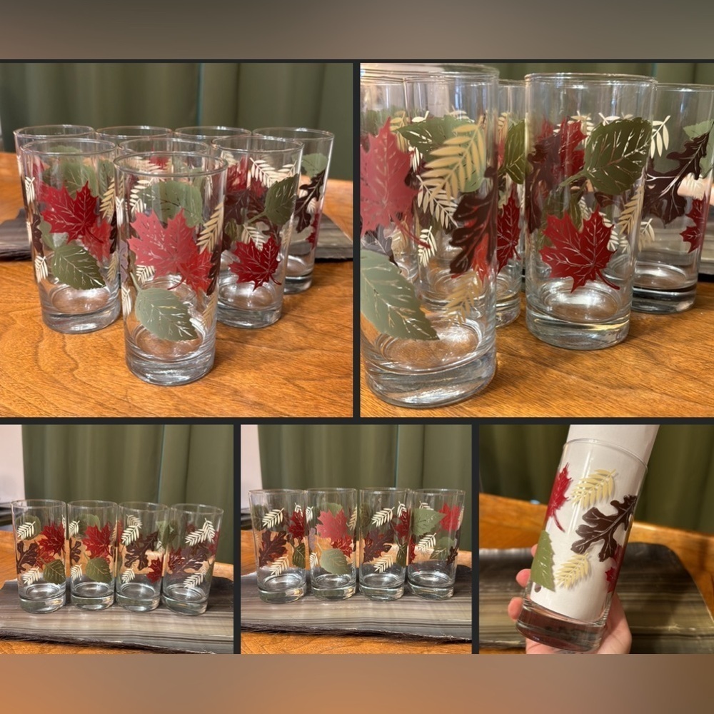 Vintage Libbey Crisa Glasses Autumn Leaves Set Of Five Tumblers 16.3 ounces